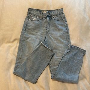 Madewell light wash high-waisted jeans.